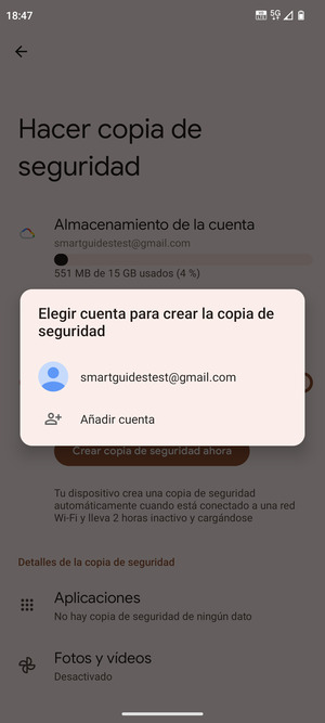 Seleccione su cuenta de copia de seguridad