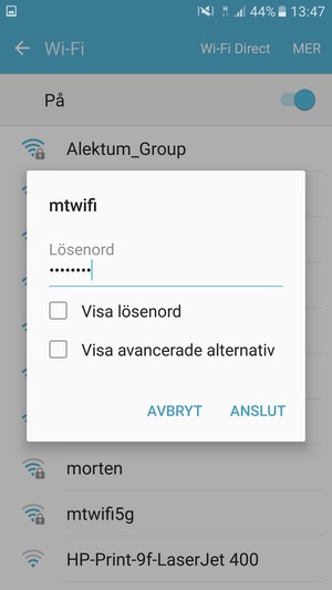 Ange lösenord till Wi-Fi och välj ANSLUT
