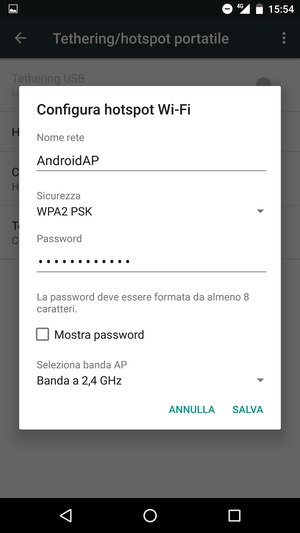 Inserisci una password dell'hotspot Wi-Fi di almeno 8 caratteri e seleziona SALVA