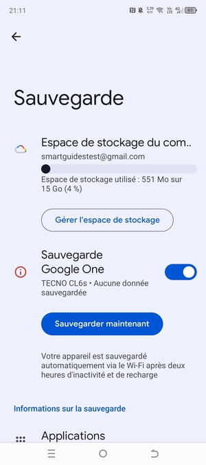 Sélectionnez Espace de stockage du compte