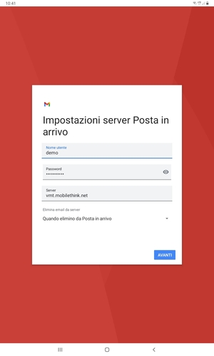 Inserisci Nome utente e l'indirizzo del server di posta in arrivo. Seleziona AVANTI