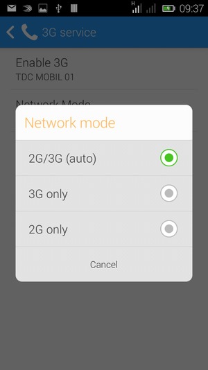 Select 2G only to enable 2G and 2G/3G (auto) to enable 3G