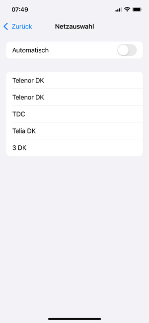 Wählen Sie einen Netzbetreiber von der Liste