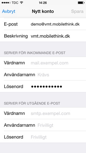 Ange e-postinformation för Server för utgående e-post och välj Spara