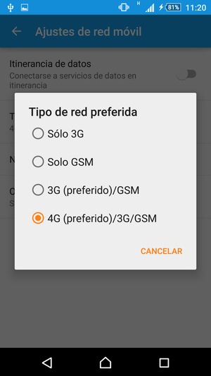 Seleccione 3G (preferido)/GSM para habilitar 3G y 4G (preferido)/3G/GSM para habilitar 4G