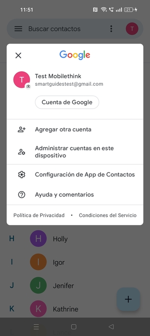 Seleccione Configuración de App de Contactos