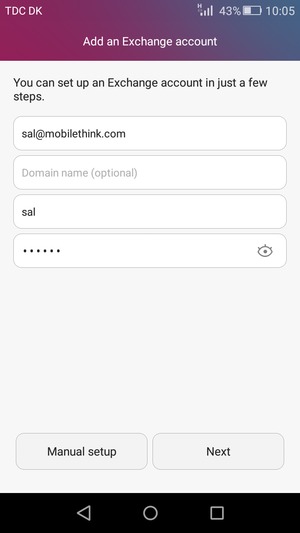 Enter your Email address, Username and Password. Select Manual setup