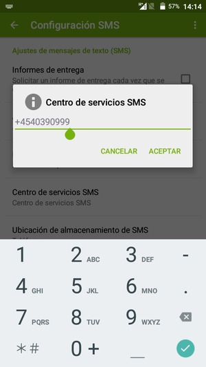 Introduzca el número de Centro de servicios  SMS y seleccione ACEPTAR