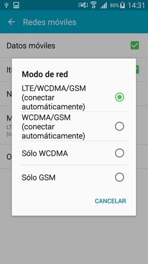 Seleccione WCDMA/GSM (conectar automáticamente para habilitar 3G y LTE/WCDMA/GSM (conectar automáticamente) para habilitar 4G