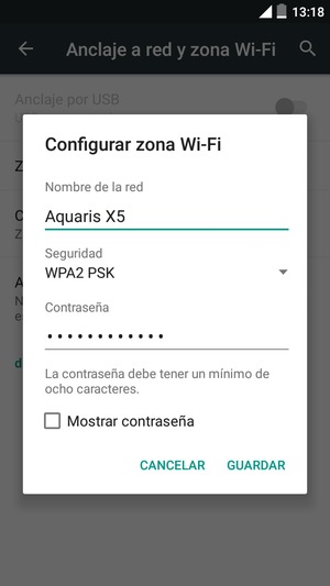 Introduzca una Contraseña de punto de acceso Wi-Fi de al menos 8 caracteres y seleccione GUARDAR