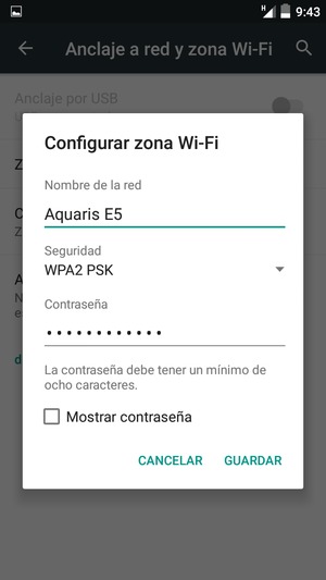 Introduzca una Contraseña de punto de acceso Wi-Fi de al menos 8 caracteres y seleccione GUARDAR