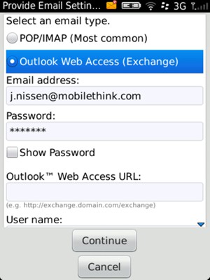 Select Outlook Web Access (Exchange) and enter Exchange email information