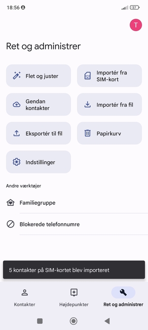 Dine kontakter vil blive gemt på din Google konto og gemt på din telefon næste gang Google synkroniseres.