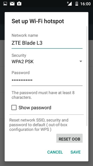 Enter a Wi-Fi hotspot password of at least 8 characters and select SAVE