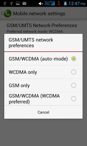 Select GSM only to enable 2G and GSM/WCDMA (auto-mode) to enable 2G/3G