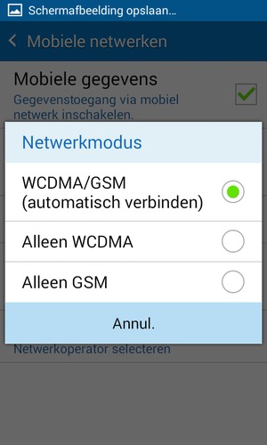 Selecteer Alleen GSM om 2G in te schakelen en WCDMA/GSM (automatisch verbinden) om 3G in te schakelen