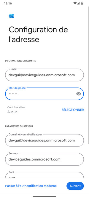 Saisissez votre Nom d'utilisateur et l'adresse du serveur Exchange. Sélectionnez Suivant