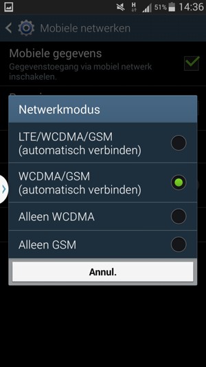 Selecteeer Alleen GSM om 2G in te schakelen en selecteeer WCDMA/GSM (automatisch verbinden) om 3G in te schakelen