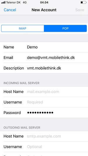 Select POP or IMAP and enter email information for INCOMING MAIL SERVER