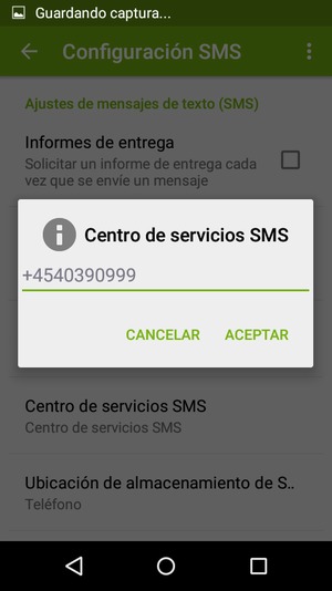 Introduzca el número de Centro de servicios SMS y seleccione ACEPTAR