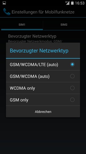 Wählen Sie GSM/WCDMA (auto), um 3G zu aktivieren und LTE/GSM/WCDMA (auto), um 4G zu aktivieren