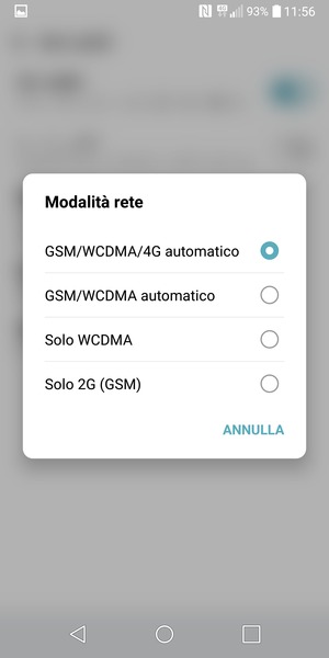 Seleziona GSM/WCDMA automatico per abilitare 3G e GSM/WCDMA/4G automatico per abilitare 4G