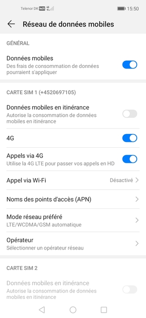 Faites défiler jusqu'à CARTE SIM 1 ou CARTE SIM 2 et sélectionnez Mode réseau préféré