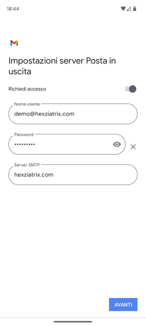 Inserisci l'indirizzo del server di posta in uscita e seleziona AVANTI