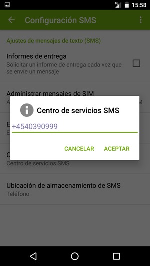 Introduzca el número de Centro de servicios SMS y seleccione OK