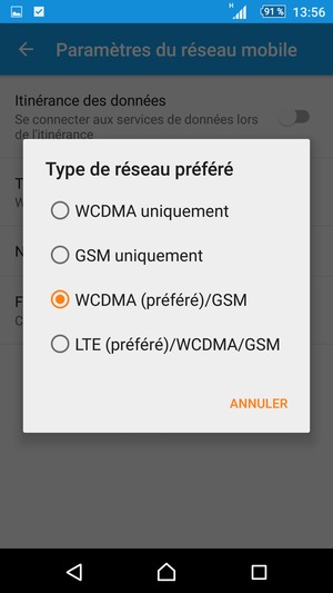 Sélectionnez WCDMA (préféré)/GSM pour activer la 3G