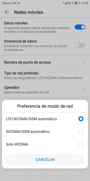 Seleccione WCDMA/GSM automático para habilitar 3G y LTE/WCDMA/GSM automático para habilitar 4G