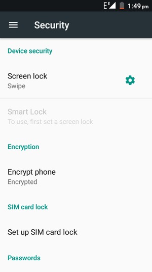 To activate your screen lock, go to the Security menu and select Screen lock