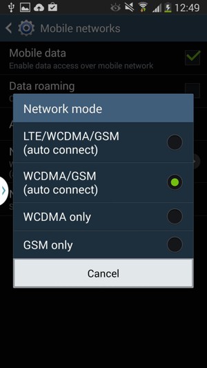 Select GSM only to enable 2G and GSM/WCDMA (auto connect) to enable 3G