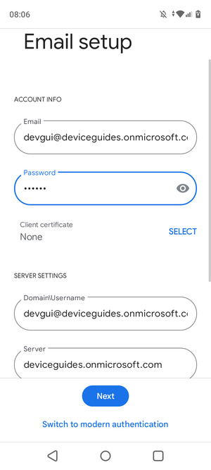 Enter Username and Exchange server address. Select Next