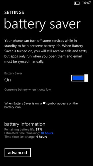 Turn on Battery Saver and select advanced