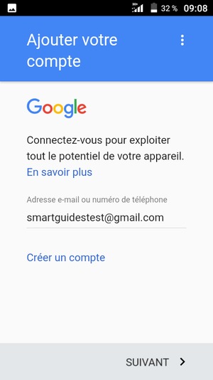 Saisissez votre adresse Gmail et sélectionnez SUIVANT