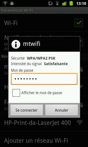 Saisissez le mot de passe du Wi-Fi et sélectionnez Se connecter