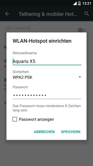 Geben Sie eine WLAN-Hotspot-Passwort mit mindestens 8 Zeichen ein und wählen Sie SPEICHERN