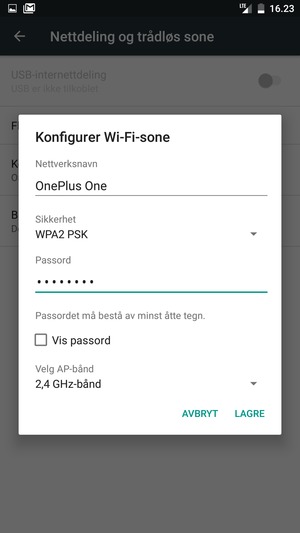 Skriv inn et Wi-Fi hotspot-passord på minst 8 tegn og velg LAGRE