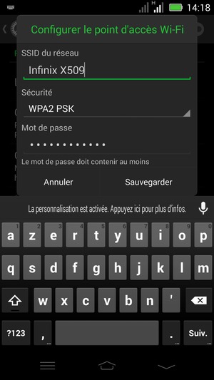 Saisissez un mot de passe de hotspot Wi-Fi d'au moins 8 caractères et sélectionnez Sauvegarder