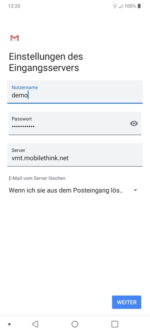 Geben Sie Benutzername und die Server-Adresse für eingehende Post ein. Wählen Sie WEITER