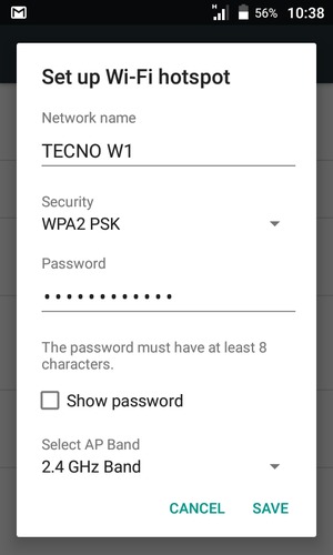 Enter a Wi-Fi hotspot password of at least 8 characters and select SAVE