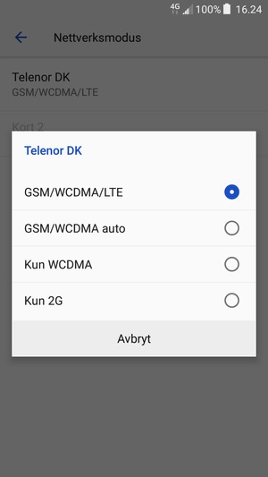 Velg GSM/WCDMA auto for å aktivere 3G og GSM/WCDMA/LTE for å aktivere 4G