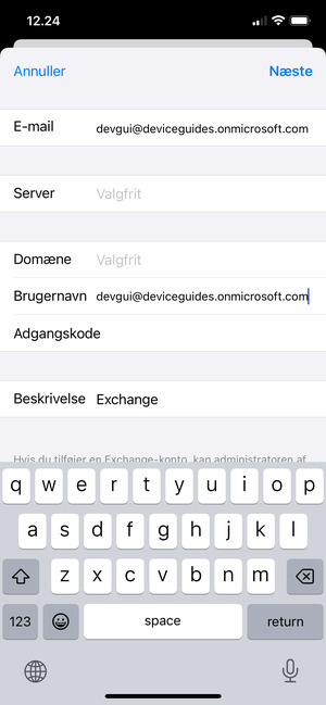 Indtast Exchange e-mail oplysninger og vælg Næste