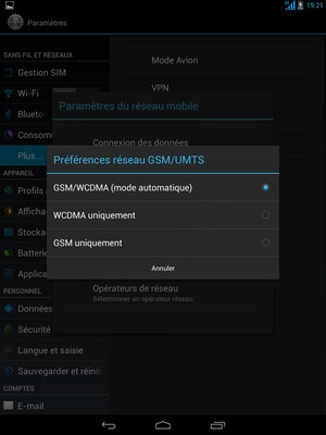 Sélectionnez GSM uniquement pour activer la 2G et GSM/WCDMA (mode automatique) pour activer la 3G