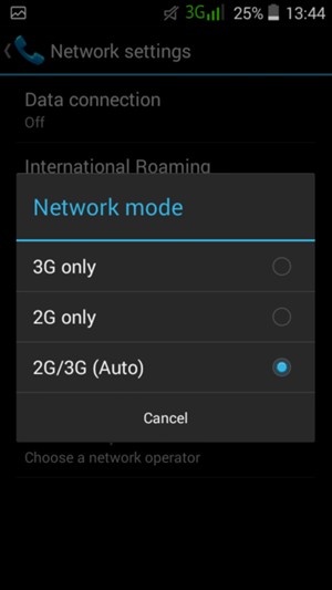 Select 2G only to enable 2G and 2G/3G (Auto) to enable 3G