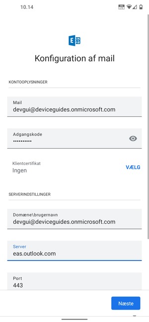 Indtast Brugernavn og Exchange serveradresse. Vælg Næste