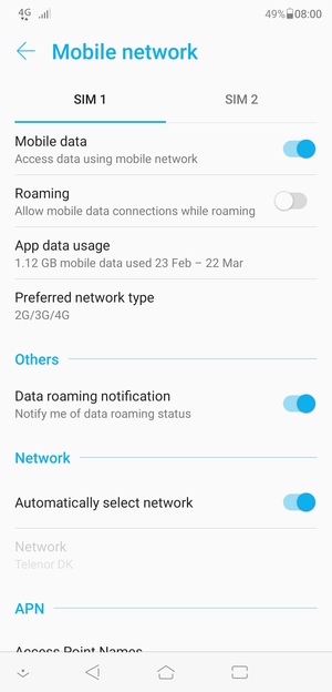 Select SIM 1 or SIM 2 and select Preferred network type