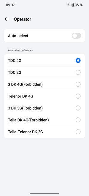 Select a network operator from the list