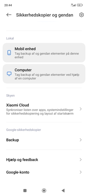 Scroll til og vælg Backup